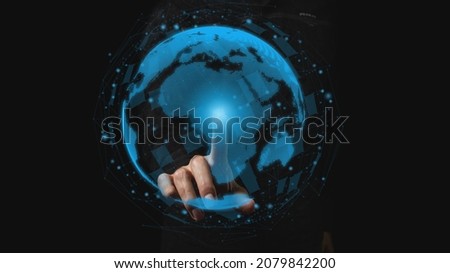 The businessman touches the projection of the planet. Concept of globality of customer network structure, data exchange connections, digital marketing, communication network and internet business. Acc Royalty-Free Stock Photo #2079842200
