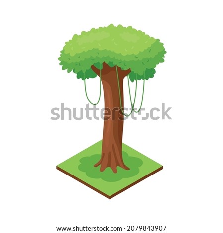 Isometric jungle composition with square piece of terrain and tree vector illustration