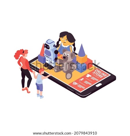 Isometric kids online shopping composition with smartphone and pile of toys with mother and child vector illustration