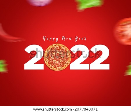 Happy New Year 2022 concept for restaurant or pizza brand isolated on gorgeous red background. Pizza new year concept.