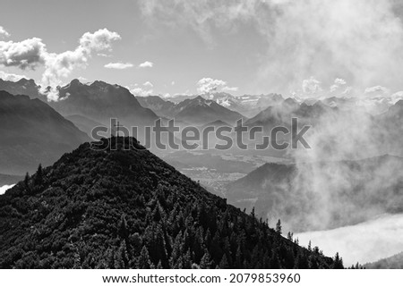 View from the Herzogstand to the Karwendel and Wetterstein peaks, black and white photo, Alps, Bavaria, Germany, Europe