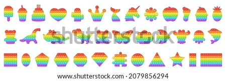 Big set of birthday, dinosaur and various forms pop it a trendy rainbow fidget toys. Addictive anti stress toy in bright colors. Bubble sensory fashionable popit for kids. Vector illustration isolated Royalty-Free Stock Photo #2079856294
