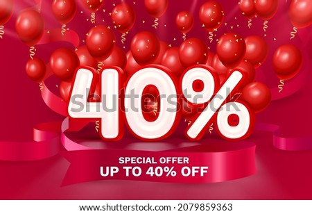40 Off. Discount creative composition. 3d sale symbol with decorative objects, golden confetti, podium and gift box. Sale banner and poster. Vector illustration.