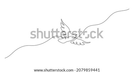 One continuous line drawing of flying up dove. Bird symbol of peace and freedom in simple linear style. Mascot concept for national labor movement icon isolated on white. Doodle vector illustration Royalty-Free Stock Photo #2079859441