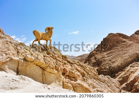 Sculpture of a mountain goat or sheep in Chebika oasis, Sahara desert, Tunisia. Atlas Mountains, near Tozeur. Royalty-Free Stock Photo #2079860305