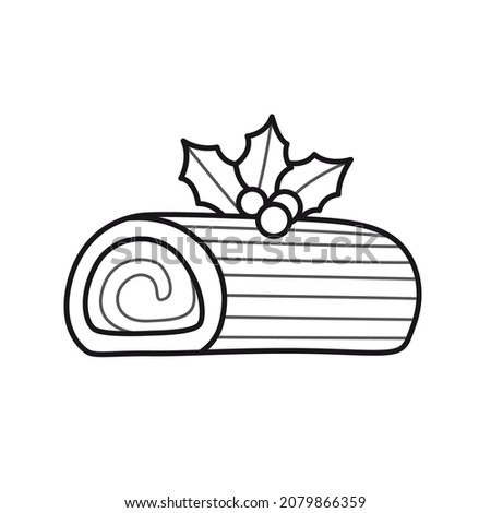 Christmas yule log cake with holly. Holiday decoration, treat. Outline illustration. Vector isolated emblem for logo, coloring book, tattoo, print. Royalty-Free Stock Photo #2079866359