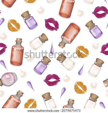 Seamless pattern consisting of lip print, perfume bottles
