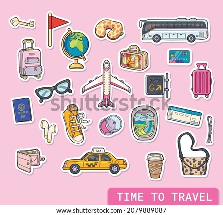 Travel stickers collection. Cartoon vector transport, baggage, and things for traveling girls. Isolated clip art