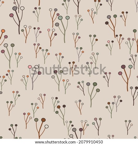 Winter and autumn floral seamless pattern. Christmas doodle vector illustration. Red branches and colorful berries on tan background