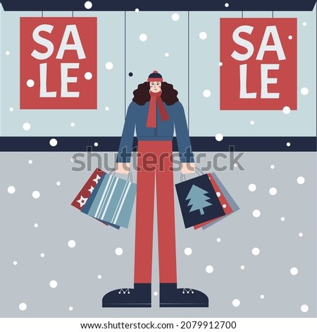 A vector girl standing in front of a story with shopping bags full of gifts.Illustration in red and blue. Christmas shopping and sale concept