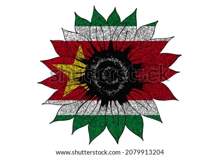 Big drawn glitter sunflower in colors of national flag. Suriname