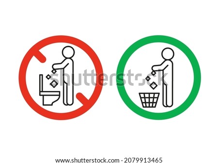 Rule take out trash in basket but not in toilet pan, prohibition warning sign. Do not throw garbage in toilet. Can throw rubbish into trash can. Problem of planet pollution, clean. Vector illustration Royalty-Free Stock Photo #2079913465