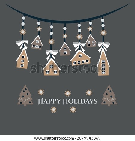 Vector image of Garland Small houses with Christmas tree and stars. Winter holiday Christmas decoration celebration.