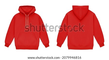 Template blank flat red hoodie. Hoodie sweatshirt with long sleeve flatlay mockup for design and print. Hoody front and back top view isolated on white background Royalty-Free Stock Photo #2079946816