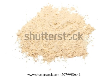 Background of white whey protein isolate powder. Heap of yellow protein powder isolated on white background. Top view.  Royalty-Free Stock Photo #2079950641