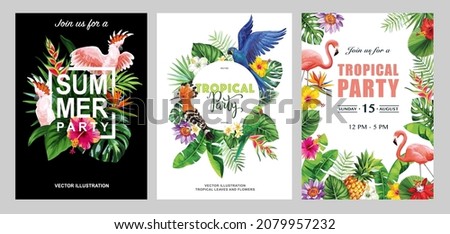 Tropical frames with leaves, flowers and birds for party invitations, sale posters and wedding cards. Collection of vector templates isolated on a white background. Royalty-Free Stock Photo #2079957232