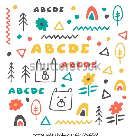 Cute children's vector set in Scandinavian in the form of doodles of pastel colors. Universal abstract minimalistic icons, alphabet, bears and trees for children, textiles, greeting cards, wrapping
