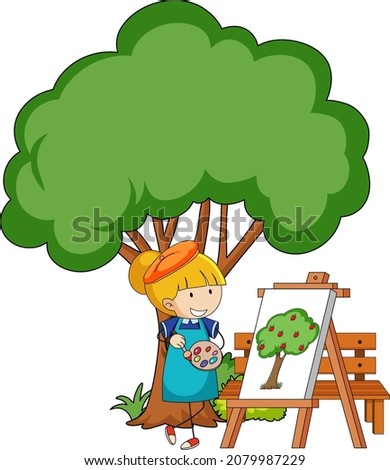 Little artist drawing a tree picture isolated on white background illustration