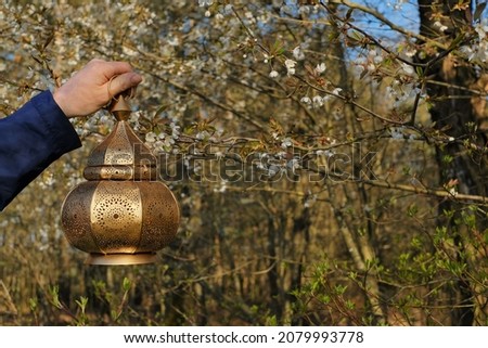 Ramadan. Golden lantern Mubarak in blooming spring garden.Islam religion.Spring muslim religious holiday symbol.Mubarak lamp .Ramadan time. 