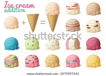 Icecream vector illustration, ice cream scoops and cone cartoon icons, vanilla chocolate strawberry nut chips flavors soft ice cream balls Royalty-Free Stock Photo #2079997642