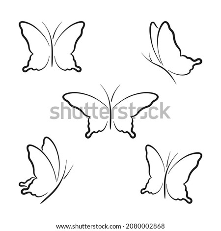 Black butterflies line icons. Hand drawn vector collection. Set of isolated elements on white background. Best for seamless patterns, prints, cards, stickers, tattoo and web design.