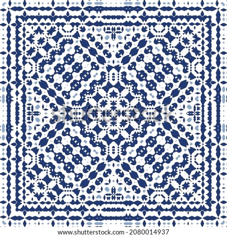 Ornamental azulejo portugal tiles decor. Graphic design. Vector seamless pattern texture. Blue gorgeous flower folk print for linens, smartphone cases, scrapbooking, bags or T-shirts.