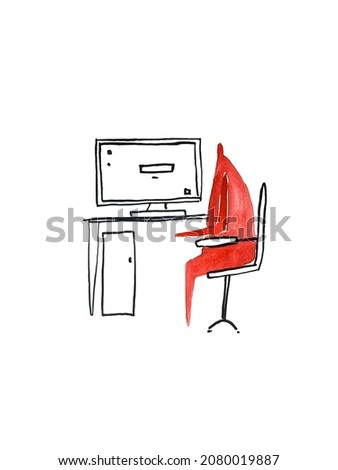 Hand paint cartoon isolated illustration. Watercolor people. A man is sitting on a computer. Education.