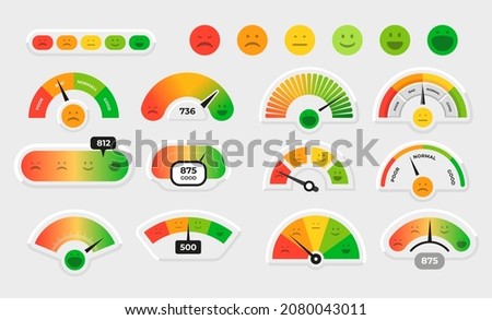 Customer satisfaction meter. Stress level gauge graph. Progress chart with smile faces. Emotion rate measuring interface. Feedback or survey. Feeling indication. Vector dial diagrams set Royalty-Free Stock Photo #2080043011