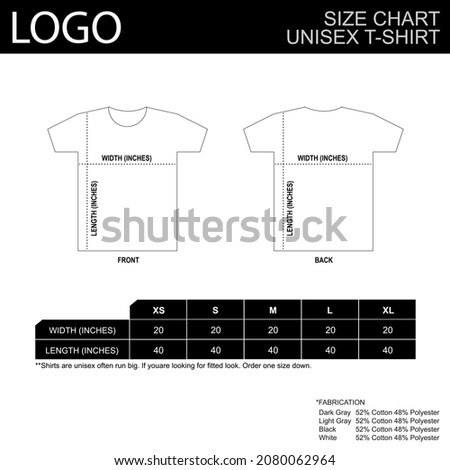 T-shirts size guide of unisex short sleeve sizing chart Table size Front and back views Vector illustration.