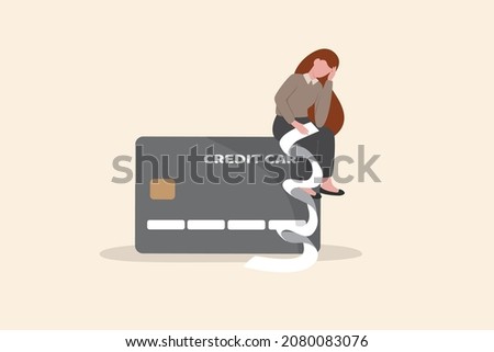 Credit card debt problem, overspend or shopping trouble, consumerism or buying addicted causing financial problem concept, hopeless woman sitting with long list overdue bills on credit card. Royalty-Free Stock Photo #2080083076
