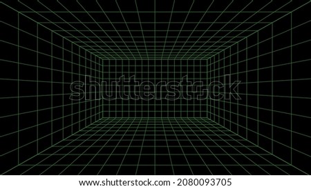 3d wireframe grid room. 3d perspective laser grid 16 9.. Cyberspace black background with green mesh. Futuristic digital hallway space in virtual reality. Vector illustration. Royalty-Free Stock Photo #2080093705