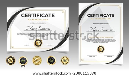 Black and gold certificate of appreciation border template with luxury badge and modern line and shapes. For award, business, and education needs. Diploma vector template Royalty-Free Stock Photo #2080115398