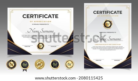 Black and gold certificate of appreciation border template with luxury badge and modern line and shapes. For award, business, and education needs. Diploma vector template Royalty-Free Stock Photo #2080115425