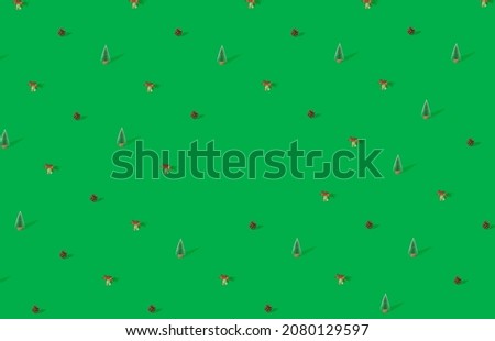 pattern made with Christmas tree, Christmas bell and fir cone with sunny shadow against pastel green  background. Modern adorable retro pattern concept with copy space