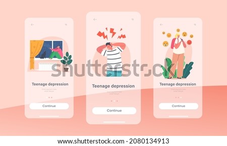 Teenage Depression Mobile App Page Onboard Screen Template. Depressed and Anxious Teens Character with Headache Feeling Frustrated, Kids Life Problems Concept. Cartoon People Vector Illustration