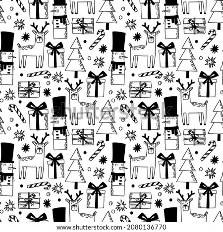 New Year seamless pattern in doodle style with a deer a Christmas tree and a snowman