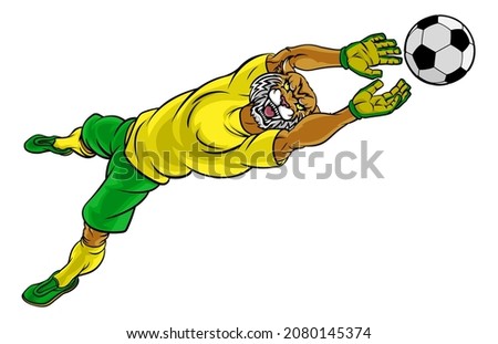 A wildcat soccer football player goal keeper cartoon animal sports mascot diving to catch the ball