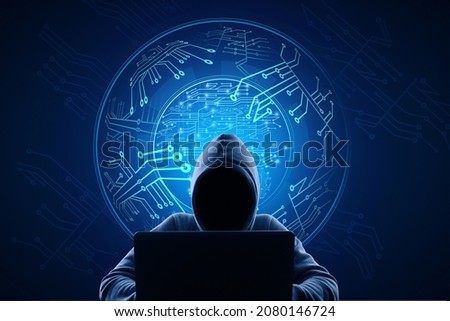Hacker using laptop with abstract glowing digital circuit sphere on blue background. Hardware, technology, hacking, malware and innovation concept Royalty-Free Stock Photo #2080146724