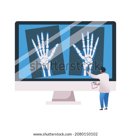 Medical center flat composition with small character of doctor with desktop computer and x ray shot of human hands vector illustration