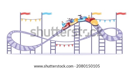 Roller coaster set flat composition with view of amusement ride with rails flags and people vector illustration Royalty-Free Stock Photo #2080150105