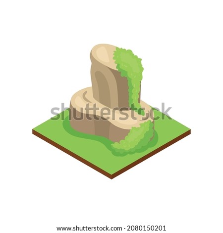 Isometric jungle composition with square piece of terrain and rock with grass vector illustration