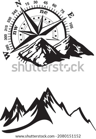 Black and White Mountain Landscape Vector Logo, Mountain and compass.