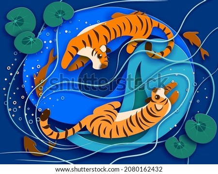 Tigers swim in pond with fishes. Paper cut craft style. Vector illustration