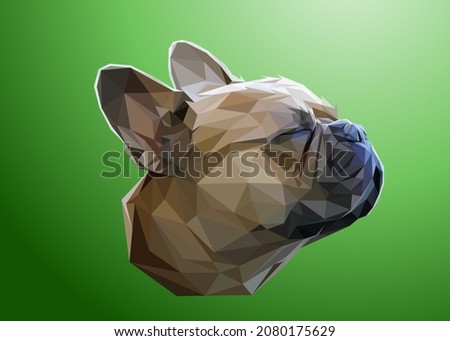 Low poly art of a bulldog head in high details. Vector animal triangle geometric illustration. Abstract polygonal art with green color background.