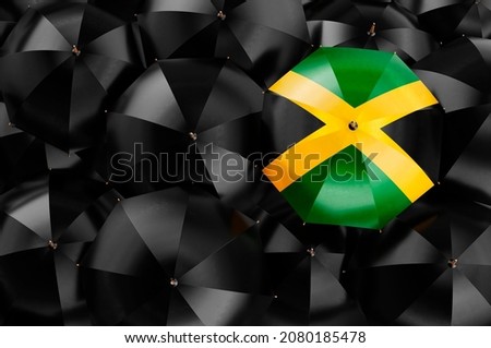 Umbrella with Jamaican flag among black umbrellas, top view. 3D rendering