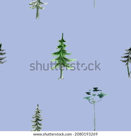 Seamless pattern with conifers, spruce, pine and Christmas tree on a purple background. For wrapping paper, wallpaper and textiles.