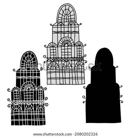 Isolated vector black and white set design of silhouette of lined ornamental houses. The design is perfect for decorations, stickers, badges, logos, coloring, textiles, bags