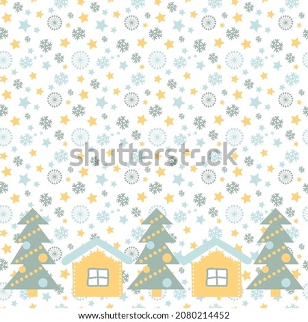 Pattern with decorative stylized winter landscape. New Year and Christmas background for scrapbooking, greeting cards and banners. Vector Illustration in flat style