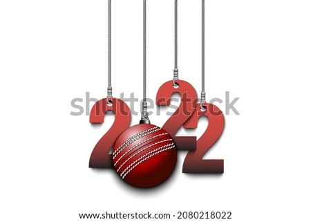 Numbers 2022 and cricket ball as a Christmas decorations are hanging on strings. New Year 2022 are hang on cords. Template design for greeting card. Vector illustration on isolated background
