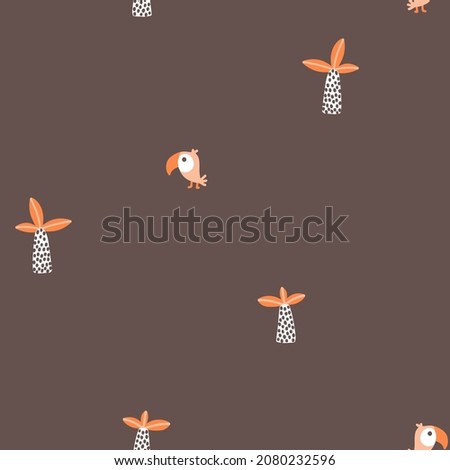 Toucan seamless minimalistic pattern with palm trees. Cute cartoon characters on a brown background. Hand-drawn illustrations in Scandinavian style. Ideal for baby test, clothing, wallpaper